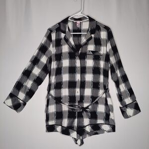 Victorias Secret Flannel Pajamas Romper Shorts Women Small Black Plaid Metallic